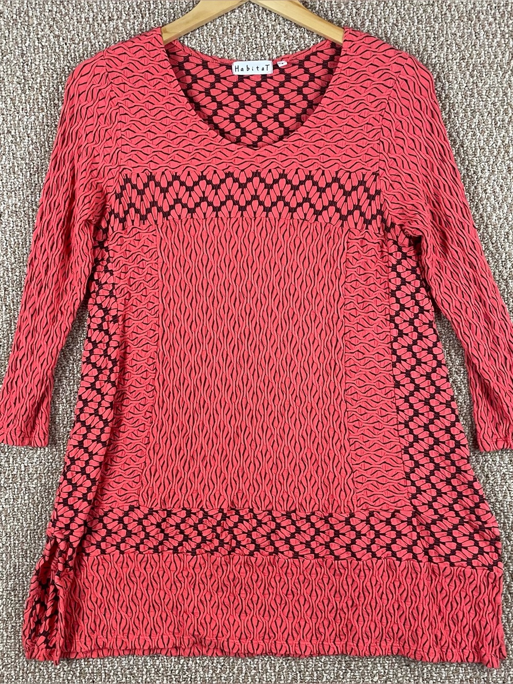 Habitat Top Women’s Small Rayon Stretch Textured Stripe V Neck Artsy Chic T465
